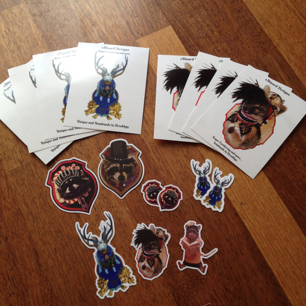 Rogue Taxidermy Sticker, Postcard, patch, and pin sampler pack